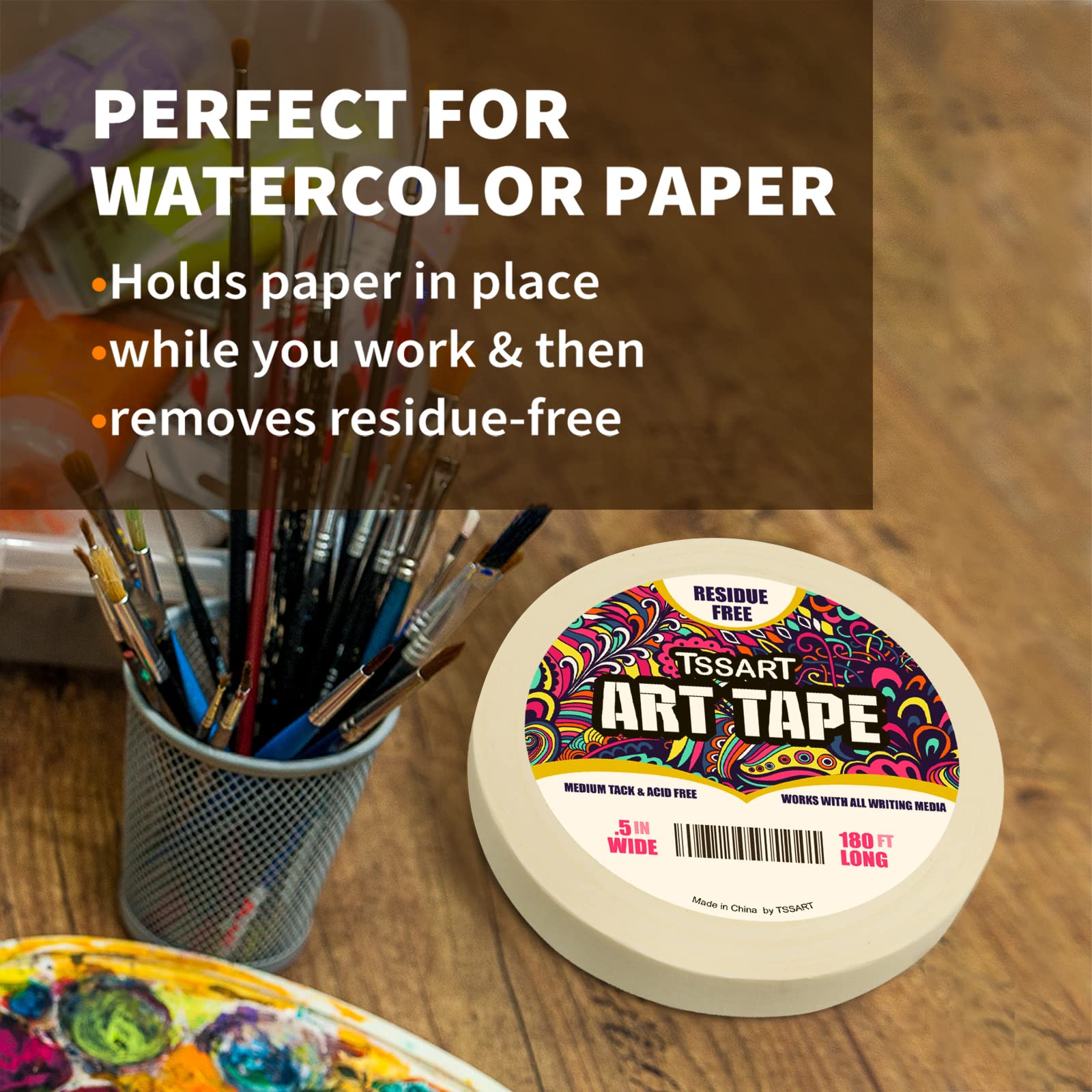 White Art Tape Medium Tack - Masking Artists Tape for Drafting Art Watercolor Painting Canvas Framing - Acid Free 1/2Inch/ 0.5inch Wide 180FT Long
