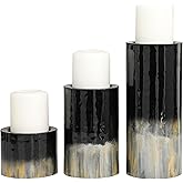 Deco 79 Metal Decorative Candle Holder Colorblock Candle Stand with Gold and Silver Streaks, Set of 3 Candlestick Holder 11", 7", 4" H, Black