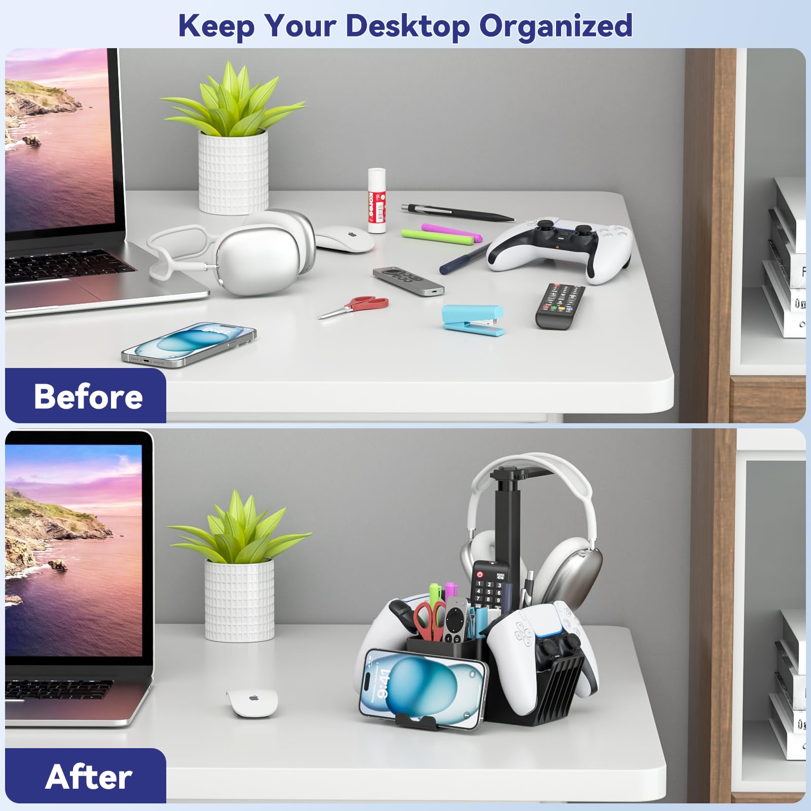 KDD Dual Controller Holder with Headphone Stand - Multi-Functional Desk Storage Box with Phone Holder - Universal Controller Stand with Desktop Organizer for Remote Control Pen Accessories