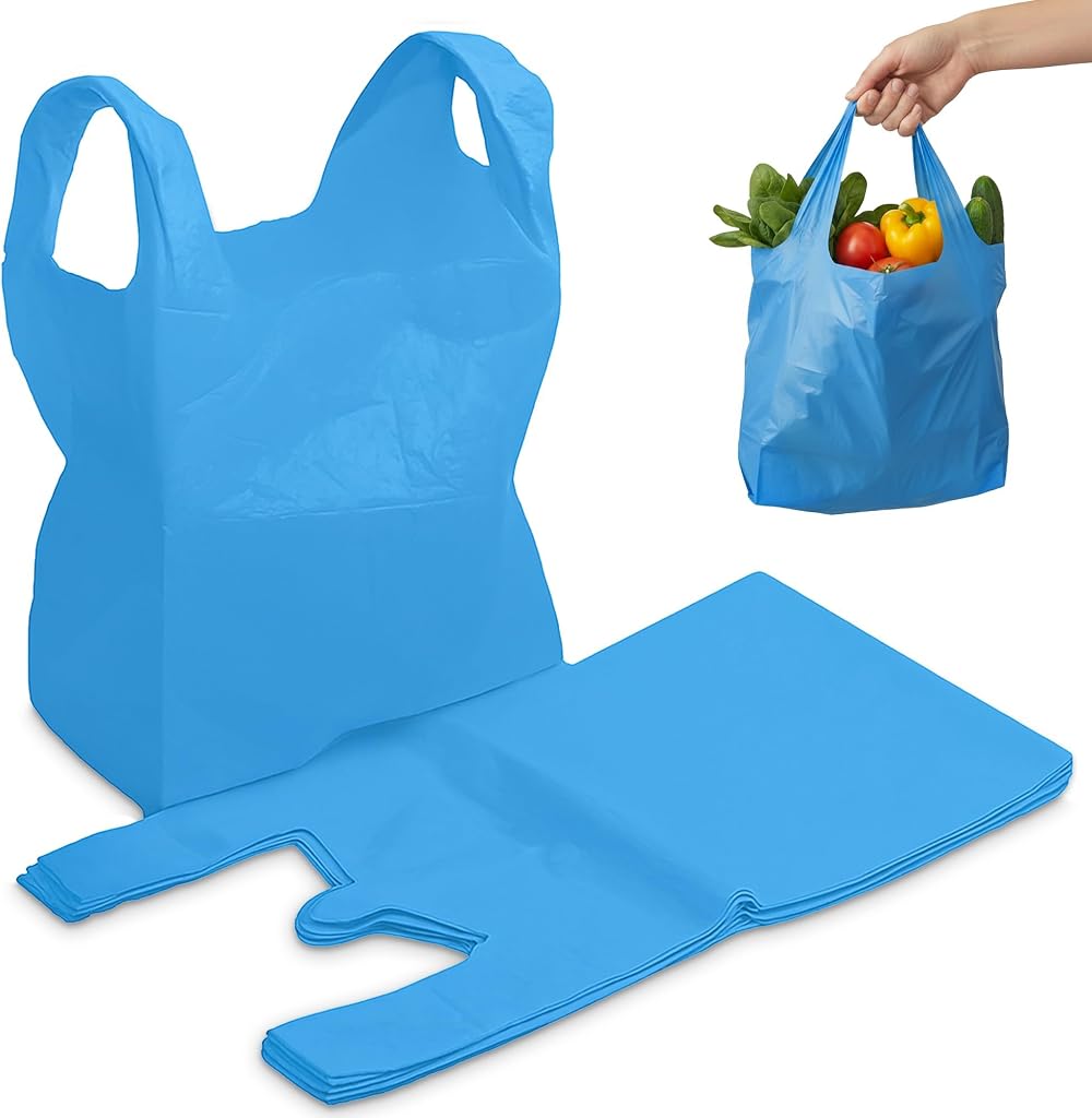 FERRIS 200pk Large Vest Carrier Bags Blue 11x17x21 Heavy Duty Plastic Handles
