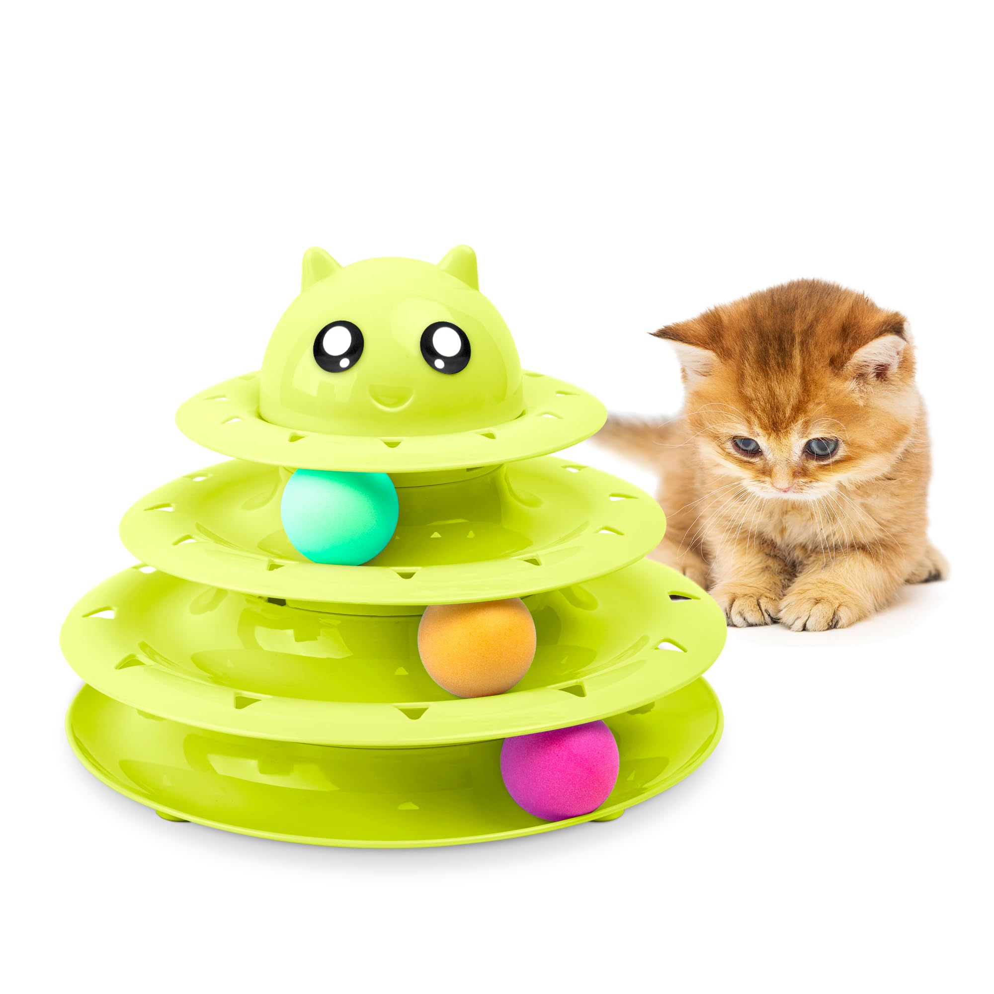 FurDreams Cat Roller Ball Toy Interactive - Green | 3 Tier Tower Fun Ball with 3 Colour Balls | 3 Level Teaser with Play Balls | Puzzle for Exercise and Stimulation