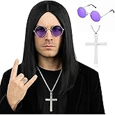 morvally Long Black Straight 80s Heavy Metal Rocker Wig for Men - Center Parting Natural Synthetic Hair Wigs Including Cross Necklace and Glasses for Halloween Costume (Black)