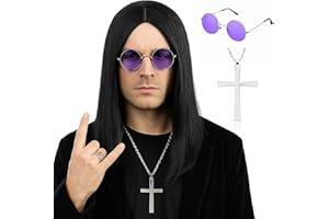 morvally Long Black Straight 80s Heavy Metal Rocker Wig for Men - Center Parting Natural Synthetic Hair Wigs Including Cross Necklace and Glasses for Halloween Costume (Black)