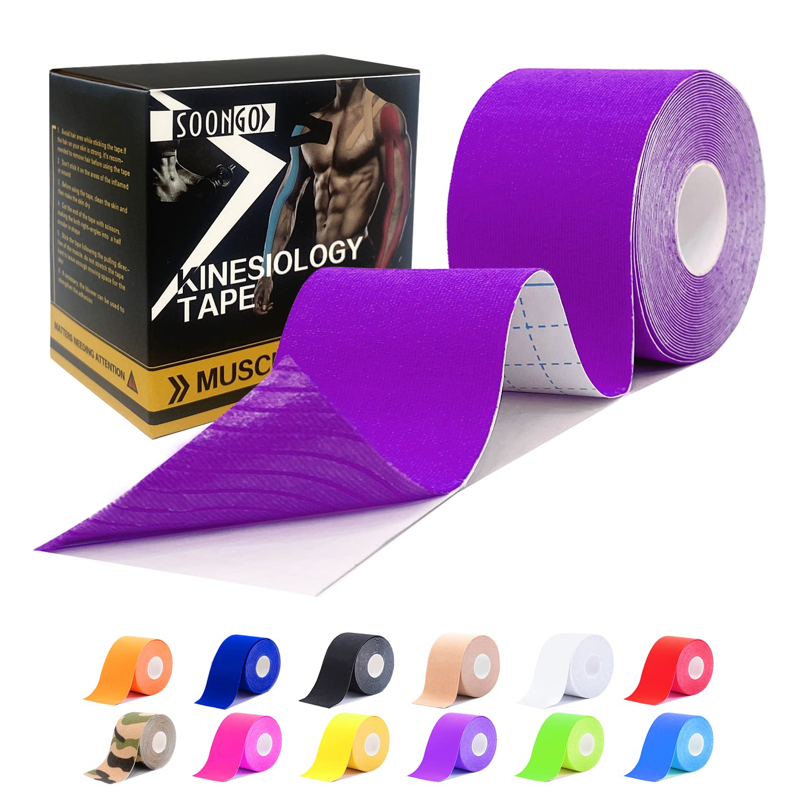 Kinesiology Tape Rock Tape Physio Tape 5m roll, Elastic Therapeutic Sports Tape for Shoulder, Ankle, Elbow, Wrist, Knee Support, Waterproof Physiotherapy Body Tape for Muscle Pain by SOONGO (Purple)