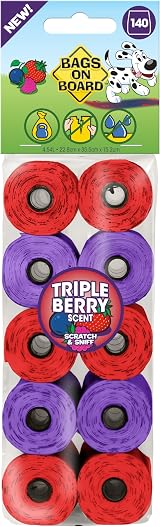 Bags On Board Dog Poo Bags 140 Count Triple Berry Scent 22.8x35.5cm