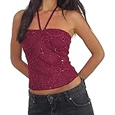 Women’s Halter Tank Top Sexy Sleeveless Sequin Floral Print Back Tie Up Slim Fitted Backless Crop Vest