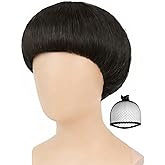 ANOGOL Hair Cap + Short Black Bowl Cut Wig Men with Bangs Black Mushroom Wigs 60s Wig Mens Funny Wigs for Movie Halloween Cosplay Costume Party Christmas Pelucas para Hombres