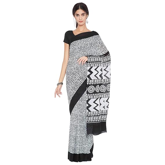 Finest Quality Cotton - Handmade Black and White - Mantra block print Saree with Blouse Piece RDSNSA0142