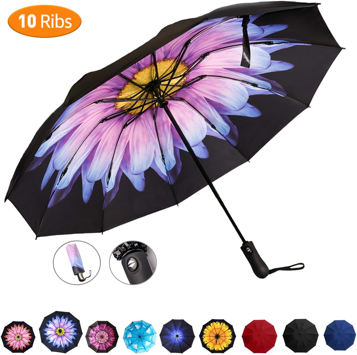 Viefin Reverse Folding Compact Travel Umbrellas for Women, Inverted Inside Out Sun Rain Woman Umbrella, Automatic Open Close, 10 Ribs