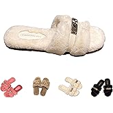 TAURAOO Women's Plush Slippers with Metal Decor - Trendy Fuzzy Fashion Slides, Super Light & Non - slip Sole, Cute for Home & Outdoor
