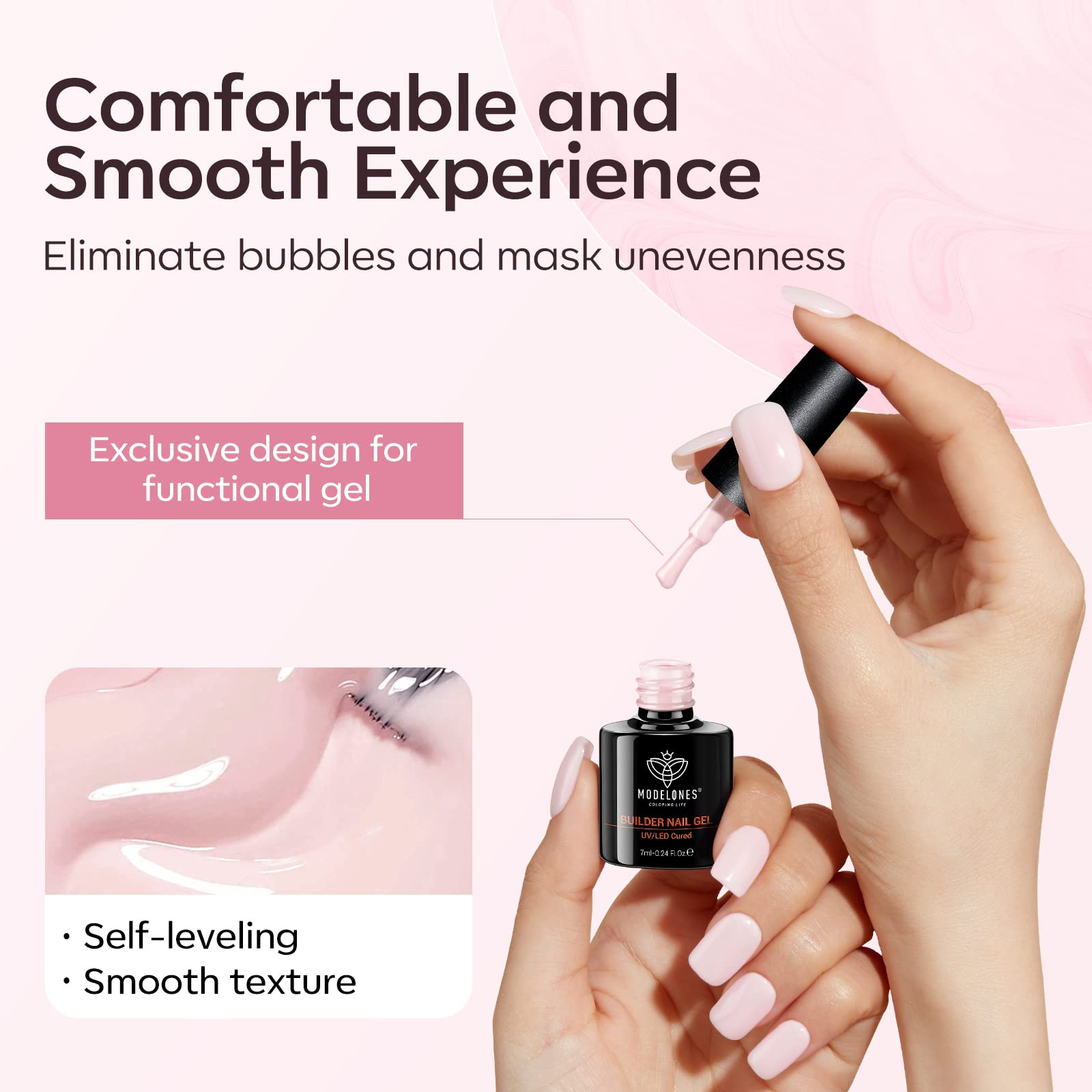 modelones Builder Nail Gel Set, 6 Colors 8-in-One, Jelly Nude Pink Hard Builder Base Gel in a Bottle Nails Polish Strengthener Extension LED Nail Lamp Cured Color - Image 7