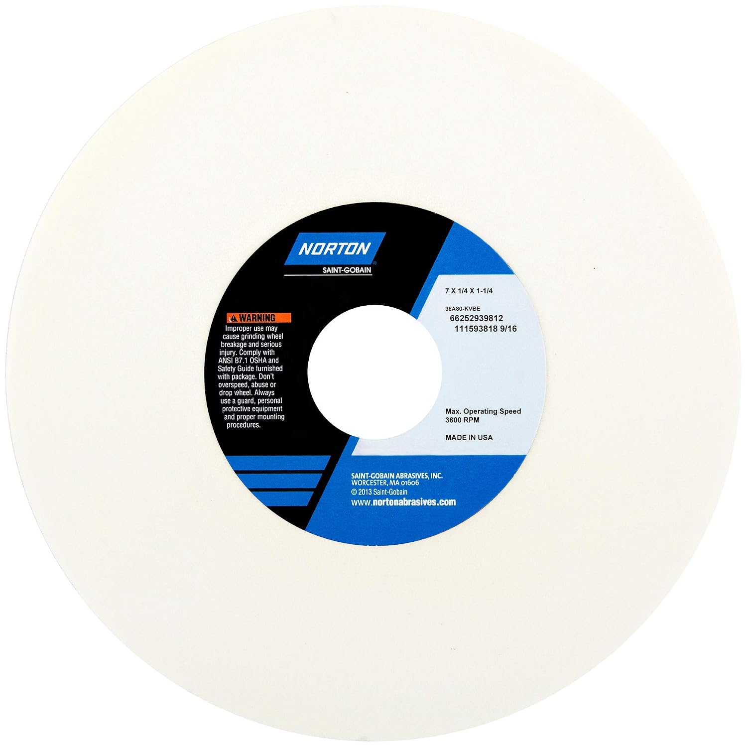 Norton 38A Vitrified Grinding Wheel - Size: 7" x 1/4" x 1-1/4" Style ...