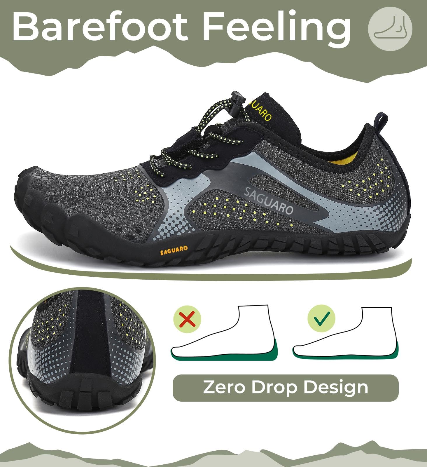 SAGUARO Barfuss Schuhe Damen Barfußschuhe Herren Zehenschuhe rutschfest Atmungsaktive Barefoot Shoes Indoor & Outdoor Barfussschuhe mit Breiter Zehenbox & Zero Drop Solhe, Upgrade Schwarz, 37 EU 3