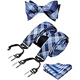 HISDERN Bow tie and Suspenders for Men Plaid Suspender Self Bowtie Pocket Square Adjustable Y Shape Mens Trouser Braces