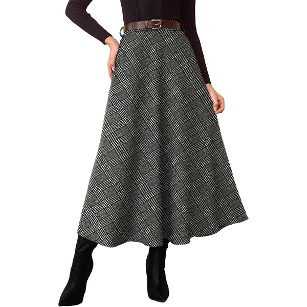 Tanming Women's Winter Warm Elastic Waist Wool Plaid A-Line