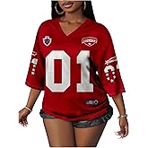 RoseSeek Women's Number Graphic Mesh Jersey Shirt V Neck 3/4 Sleeve Football Tee Tops Sportswear