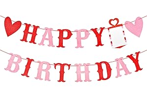 PHOTKEN Red and Pink Glitter Love Heart Happy Birthday Banner - Valentine's Themed Hanging Paper Garland Bunting Banner, Photo Backdrop for Wall Home Mantle Office Party Decorations