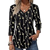 Zeagoo 3/4 Length Sleeve Womens Tops Casual V Neck Pleated Top Boho Floral Blouses Work Shirts