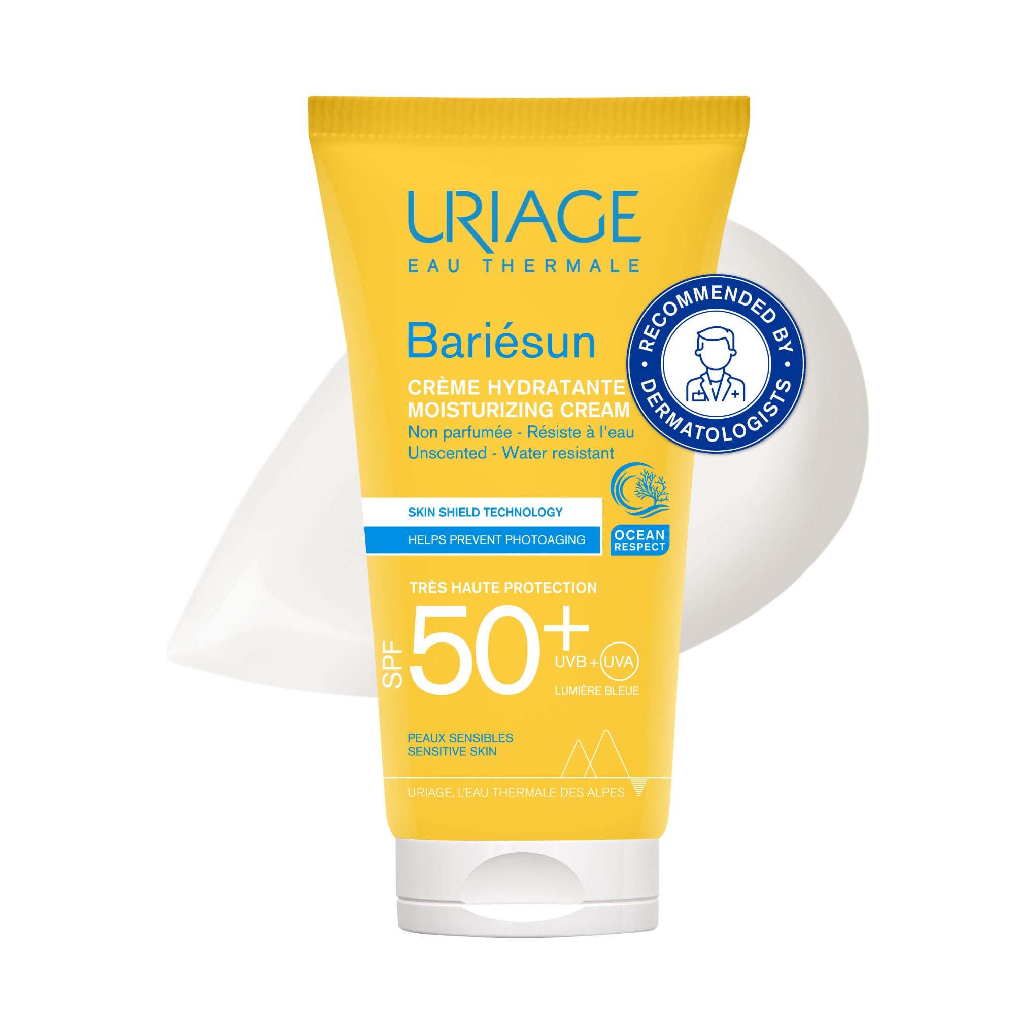 Uriage Bariésun Moisturizing Face Sunscreen SPF50+, 50ml - Very High Protection UVA/UVB & Blue Light - Water Resistant, Non-Comedogenic - No White Cast, Invisible Finish - Adults & Children