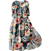 Ceboyel Women Bohemian Cotton Linen Dresses 3/4 Sleeve Maxi Long Dress Plain Classic Dresses Trendy Boho Dresses with Belt
