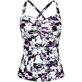 Hilor Women's Tankini Tops Shirred Tummy Control Swimsuits Cross Back Tankini Swimwear Tops
