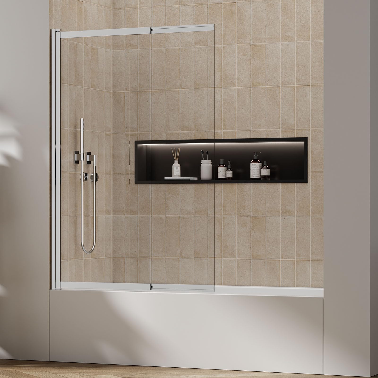 Photo 1 of Viivppai Bathtub Door 3/16 in (5mm) Tempered Glass Panel, Tub Shower Door Extendable 180° Foldable Hinged Bathtub Glass Door Screen with Easy-clean Coating (Chrome, 40"W x 59"H)