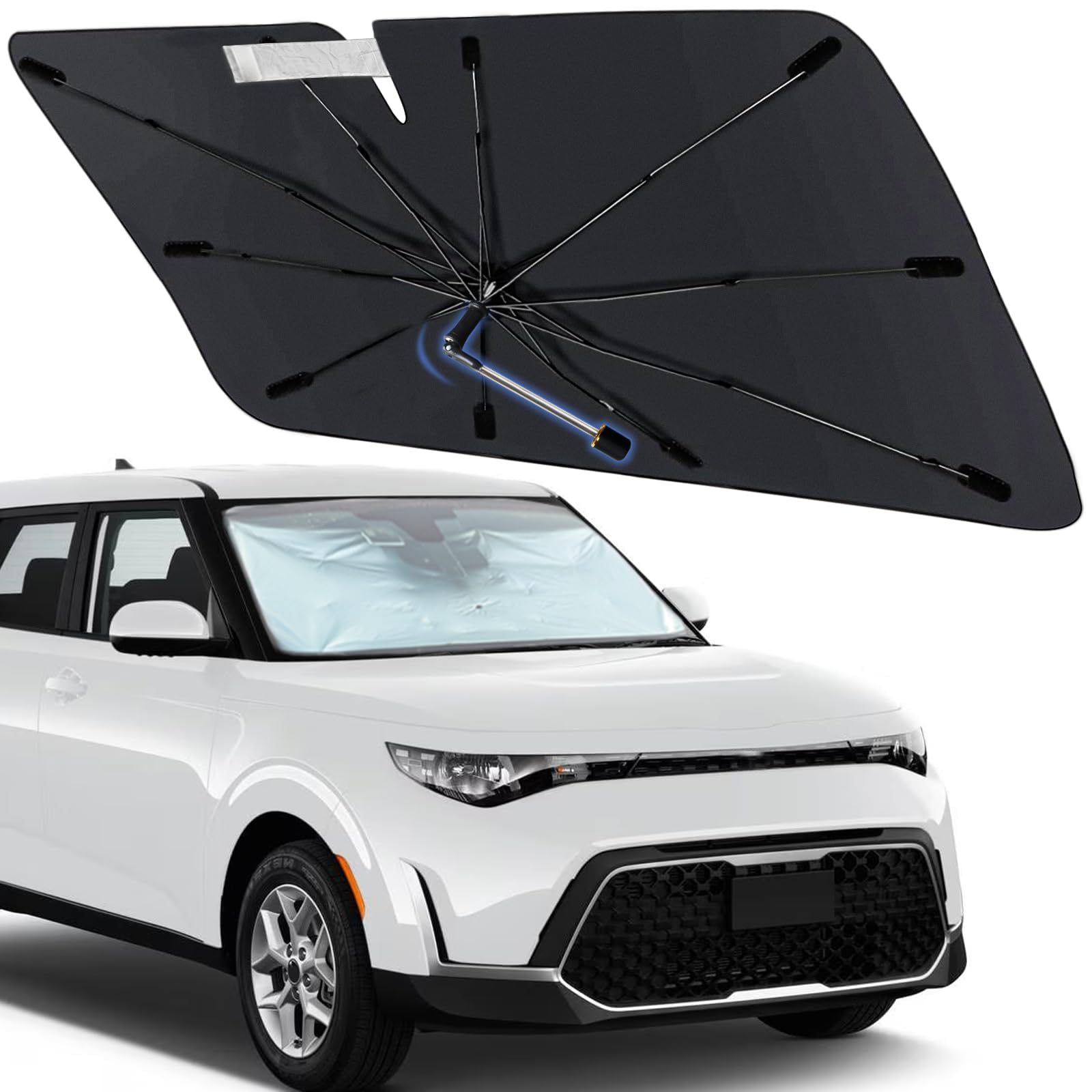 Photo 1 of Windshield Sun Shade Umbrella for Kia Soul 2020-2024, Foldable Car Sunshade for Front Windows with 360° Rotating Shaft, Custom fit Soul Sun Visor Shield for UV Blocking and Heat Insulation