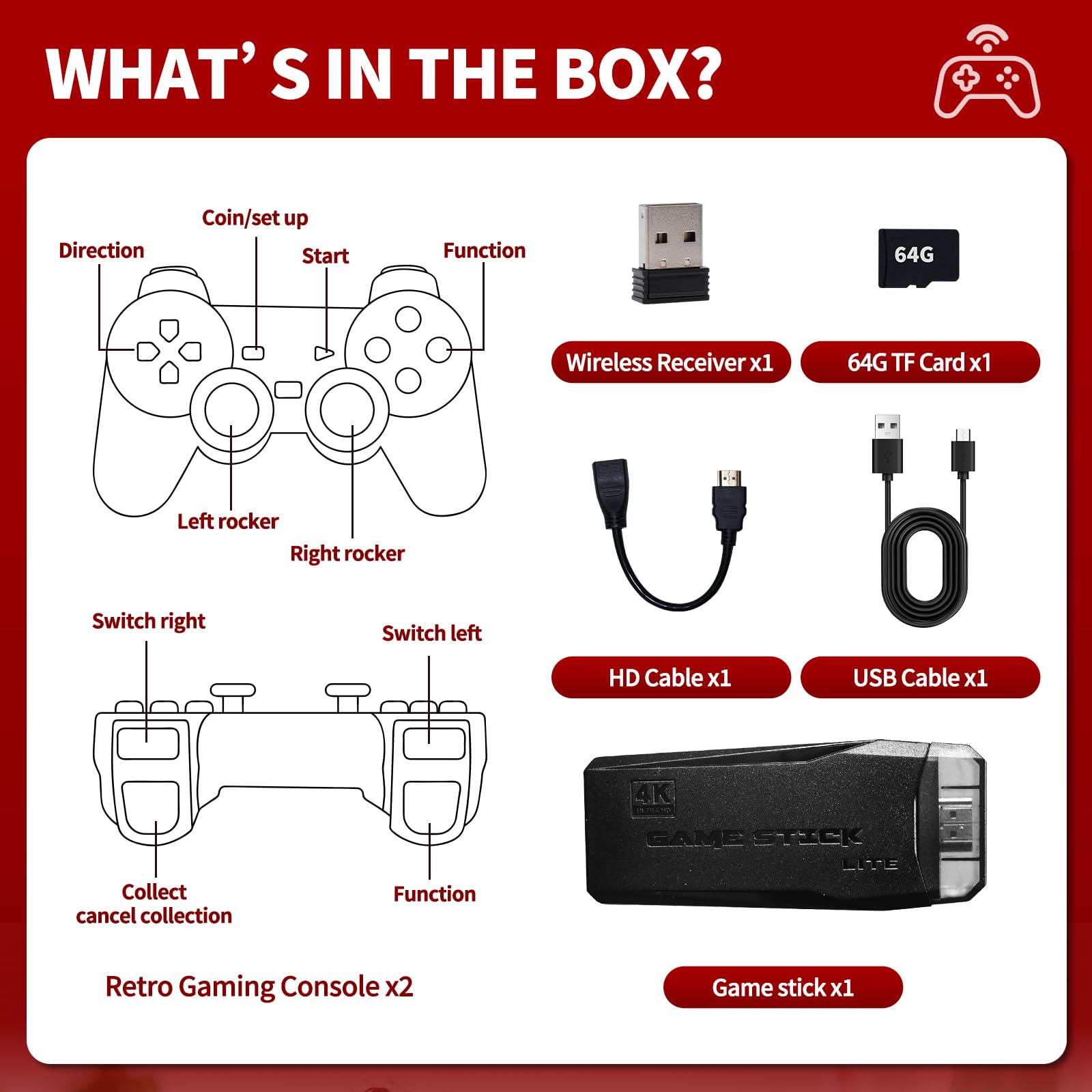 Wireless Retro Game Console, Video Game Console with Built-in 9 Emulators, 20,000+ Games, 4k Hdmi Output, and 2.4GHz Wireless Controller, Nostalgia Gaming Stick，Plug & Play TV Video Games(64G)