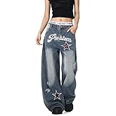 Fullneat Women's Wide Leg Jeans Y2K Baggy Fit with Plaid Star Patch & Letter Embroidery, Vintage Washed Denim Pants