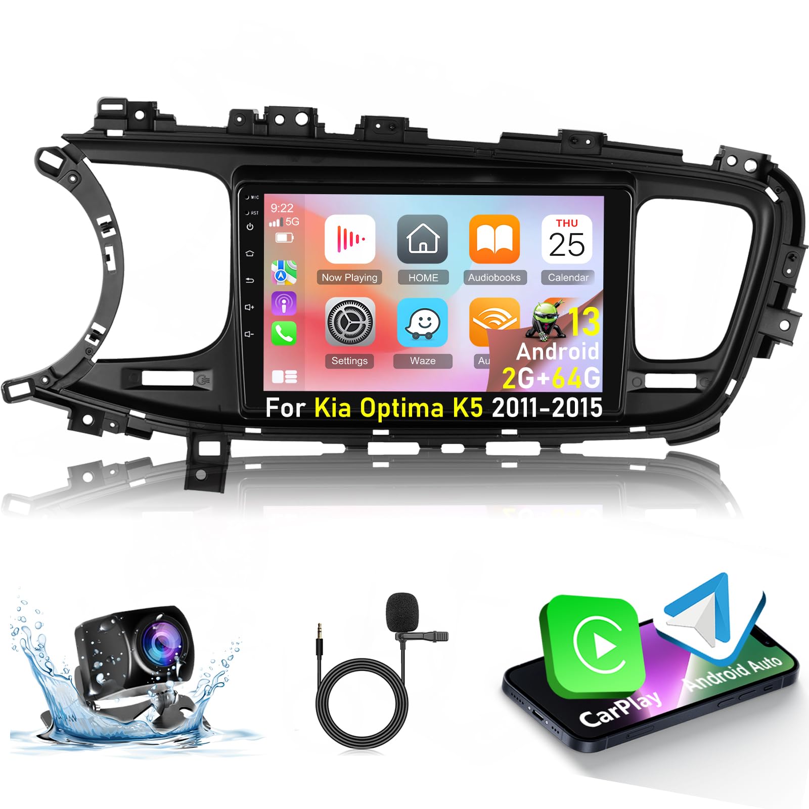 Photo 1 of [2+64G] Android Car Stereo for Kia Optima K5 2011 2012 2013 2014 2015 with Wireless Carplay and Android Auto - 9 Inch Touchscreen Car Radio - Multiple UI Themes/GPS/WiFi/SWC + AHD Backup Camera