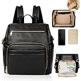 Omanmoli Diaper Bag Backpack Leather Large Baby Diaper Bag Essentials With 18 Organizing Pockets,6 Insulated Pockets,USB Charging Port,Stroller Straps,Changing Pad (Black)