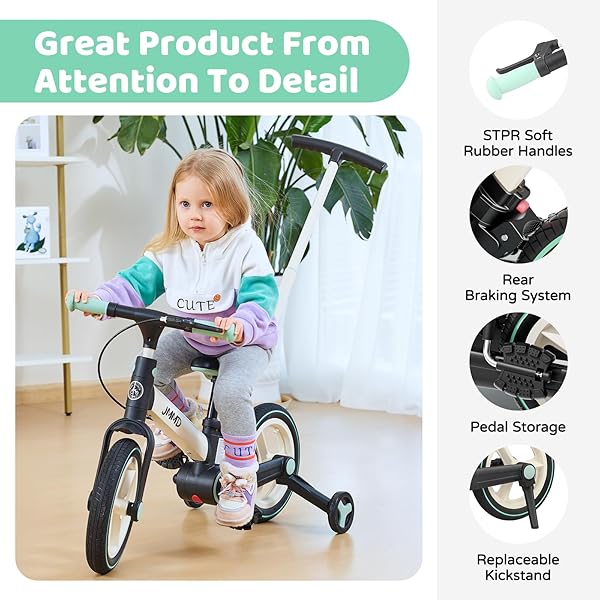 JMMD 6 IN 1 TODDLER BIKE WITH PUSH HANDLE FOR KIDS 18-60 MONTHS, 12″ FOLDABLE BALANCE BIKE WITH TRAINING WHEELS, PEDALS, BRAKES, KICKSTAND, PUSH TRICYCLE TODDLER GIFT & TOYS FOR BOY & GIRL