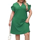 Celkuser Plus Size Summer Casual Dresses for Women V Neck Ruffle Cap Short Sleeve Flowy Midi Dress with Pocket