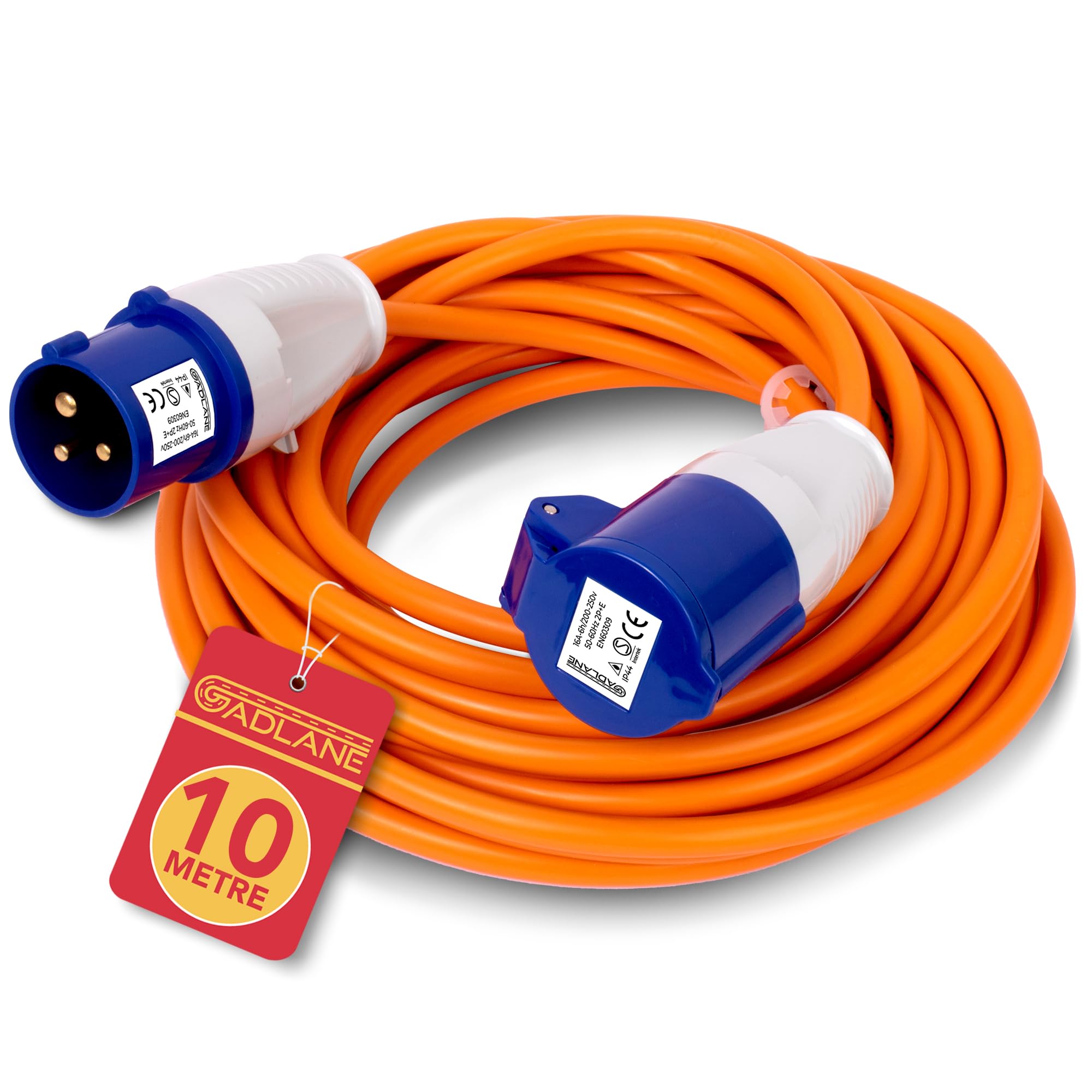 GADLANE CEE Verlängerungskabel 10m - Robustes Wohnwagen Kabel, 16 Ampere 240V Campingkabel - Gut Sichtbares Orangefarbenes - Camping Stromkabel Ideal für Wohnmobil (10 Meter)