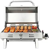 Helmspire Stainless Steel Portable Grill, Marine Boat Grill for Pontoon | Tabletop Portable Grill with Carry Handle &amp; Lid Travel Lock, BBQ Grill Built-in Thermometer for Camping RV Tailgate Boats
