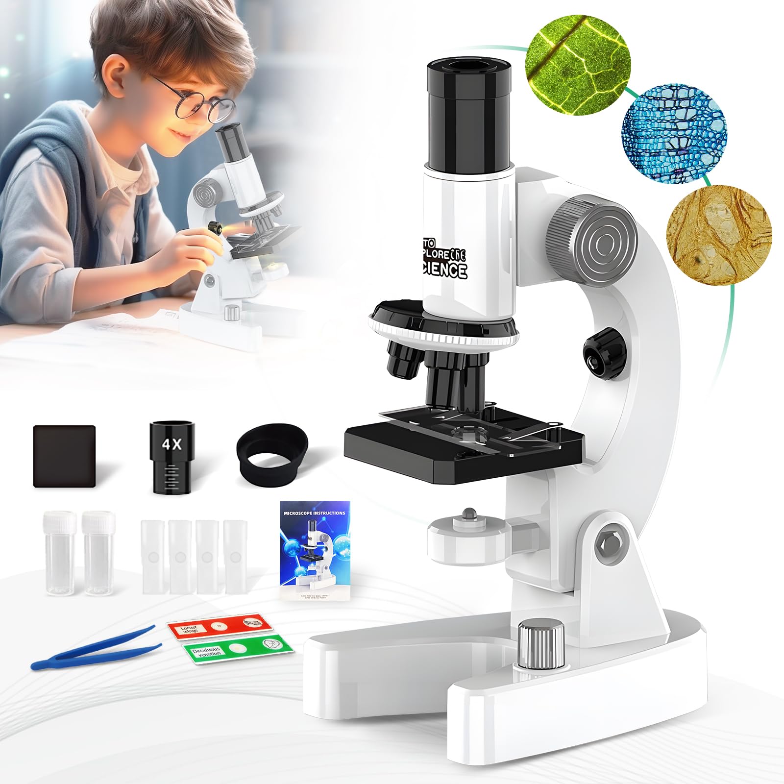 Photo 1 of EMUMNUME Microscope for Kids Talking Educational Science Kit for Children 200x-4800x with Slides and Accessories (White)