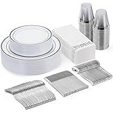 Goodluck 175 Piece Silver Dinnerware Set for 25 Guests, Plastic Disposable Plates for Party, Includes Dinner and Dessert Plates, Paper Napkins, Cups, Silverware Set