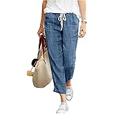 OYOANGLE Women's Linen Capri Pants Drawstring Waist Straight Leg Pants Lightweight Palazzo Trousers