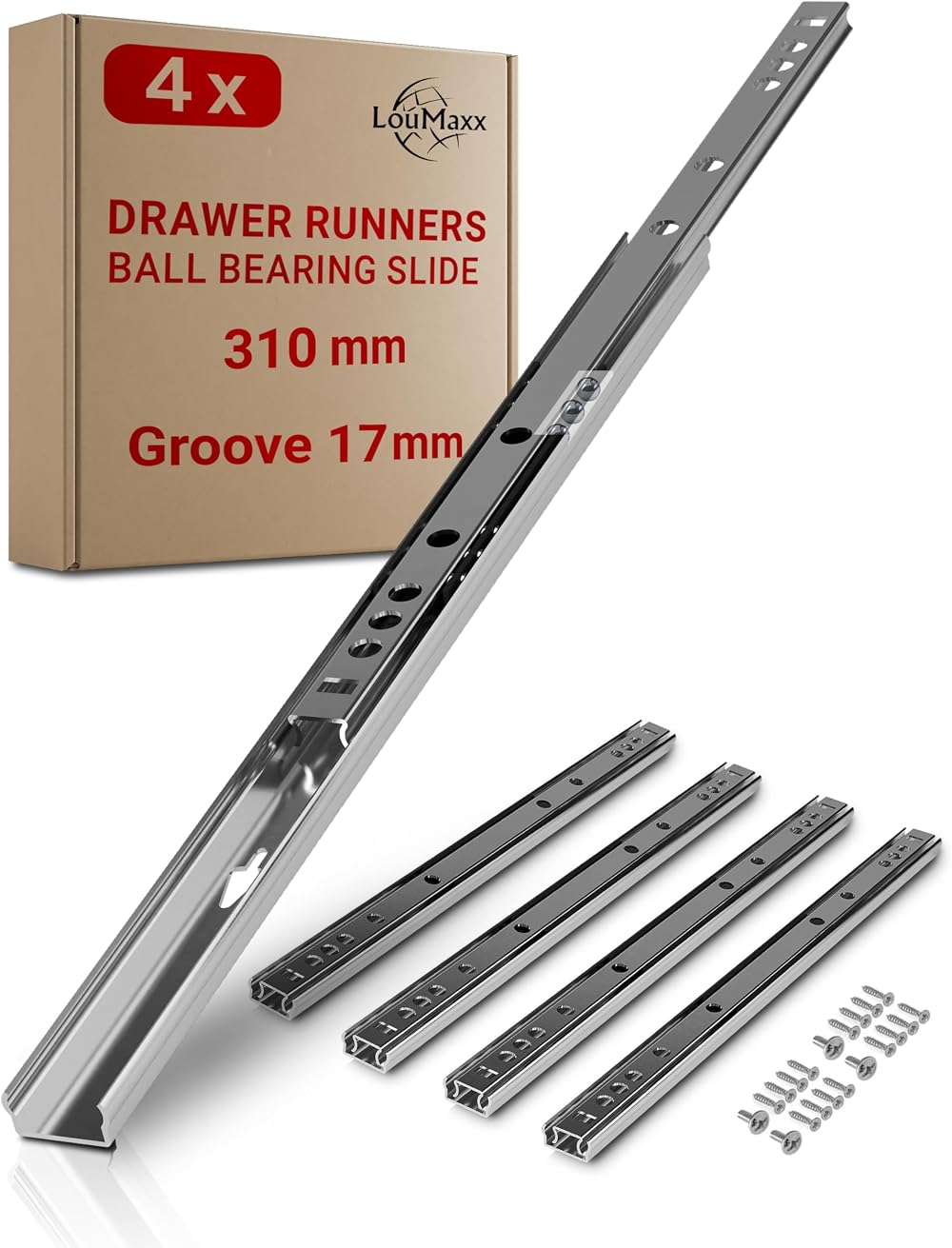 LouMaxx Drawer Runners 17mm Groove 310mm 4 Pack - Ball Bearing Slides