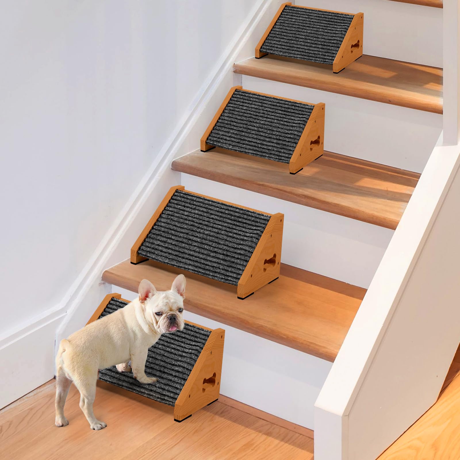 Photo 1 of 4 Pack Wooden Dog Ramp for Stairs Suits for Small Medium Dogs Cats, Pet Steps Stairs for Staircase for Dogs Cats Brown,Need Installation,13 * 9.8 * 5.1 inch