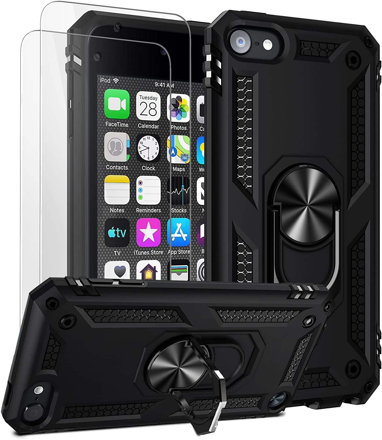 ULAK Case for iPod Touch 7th Generation, iPod Touch 5/6 Case with 2 HD Screen Protectors Hybrid Shockproof Protective Cover kickstand for Apple iPod Touch 5/6/7, Black