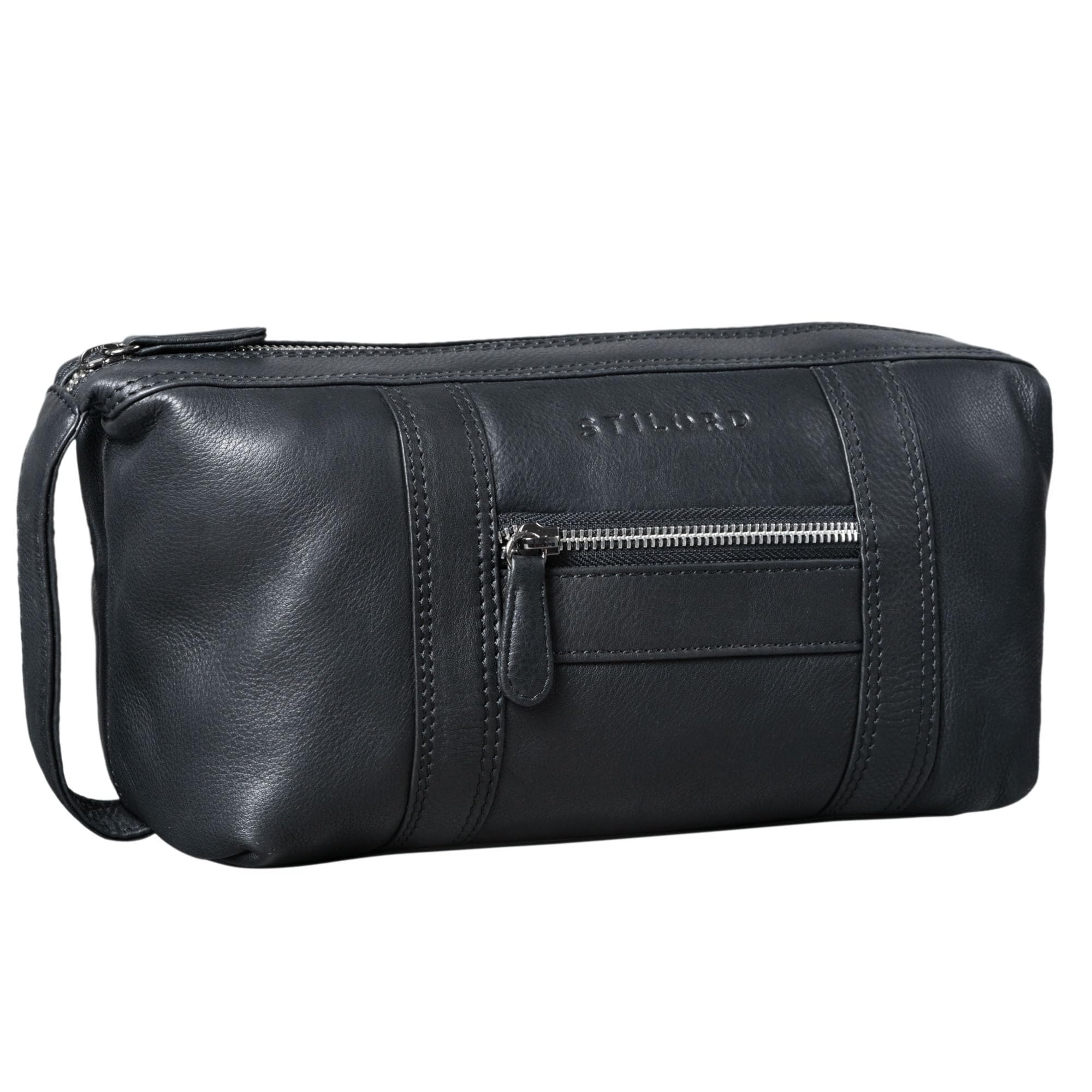 STILORD "Bruno" Men's Wash Bag Vintage Leather Travel Toilet Bag Toilet Kit with Wrist Strap 2 Compartments Overnight Wash Gym Bag Colour:Black