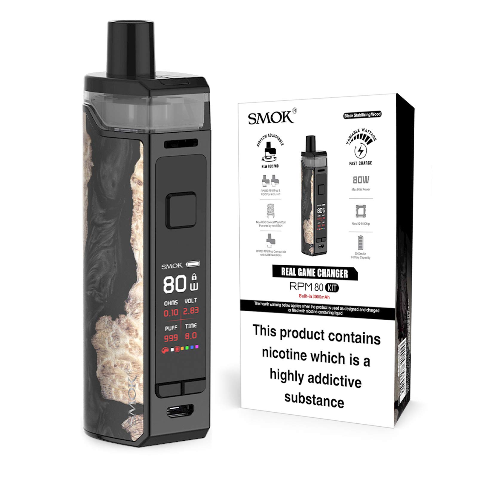 SMOK RPM80 Vape Kit [Black Wood] - Rechargeable 3000 mAH Battery, Refillable, Compact, User-Friendly, Balance of Power and Portability, Compatible with All RPM Coils, 2mL, E Cigarette, No Nicotine