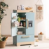 ROBOTIME Toy Kitchen Wooden Fridge, Play Refrigerator for Kids & Toddlers, Wooden Fridge Freezer Set with Ice Maker and Foods