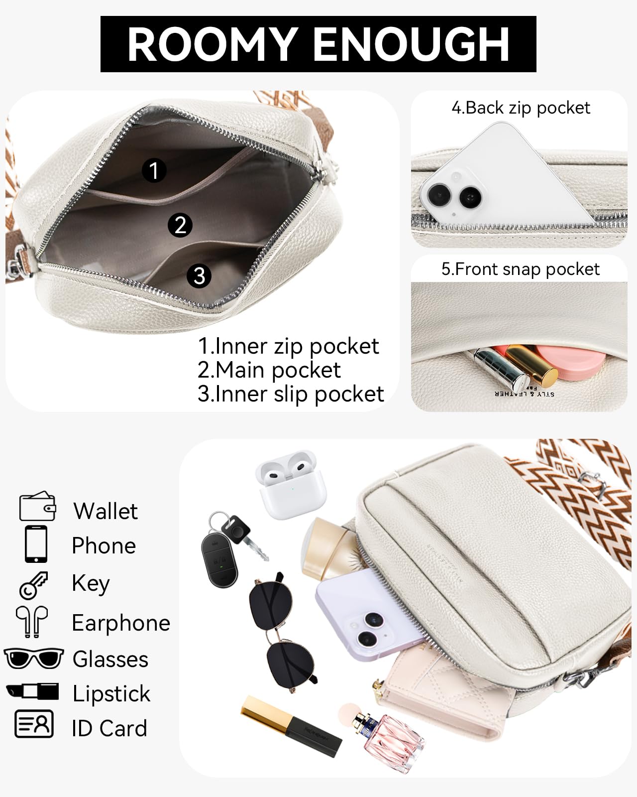 Crossbody Bag Damen, Echtes Leder Umhängetasche Klein Mode Mit Breitem Gurt, Schultertasche Handytasche zum Umhängen für Arbeiten Einkaufen Dating Reisen, Beige