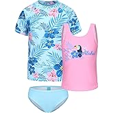 Girls 3 Piece Rash Guard Swimsuits Set for Girls Short Sleeve Bathing Suits Hawaiian Beach Tankini Swim Set