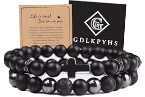 GDLKPYHS Black Obsidian Bracelet for Men - Black Tourmaline Beaded Bracelets - Mens Bracelet Set 8MM Black Onyx Hematite Lava Stone Beads Triple Protection Bracelet for Men Women Gifts