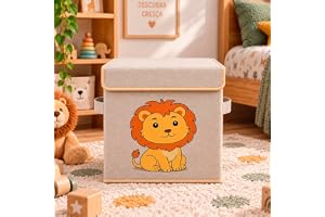 Caixa Organizadora Infantil Brinquedos Linho Tampa Baú Animal Box Oky's (LEÃO)