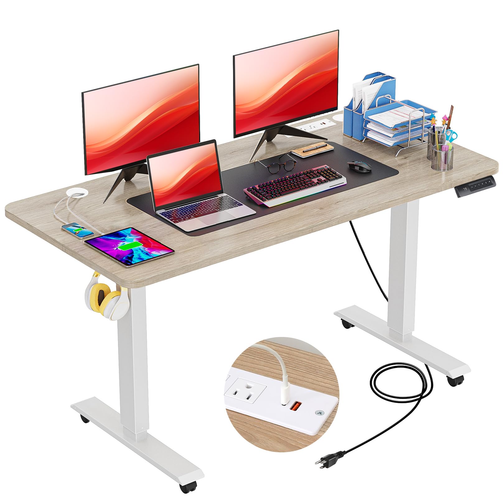 Electric Standing Desk 55 x 24In with Charging Station, Adjustable Height Desk with Oversized Mouse Pad, 2 USB Ports & 3 Power Outlets, 4 Caster, 4 Preset Heights, 27''-45'' Lifting Range