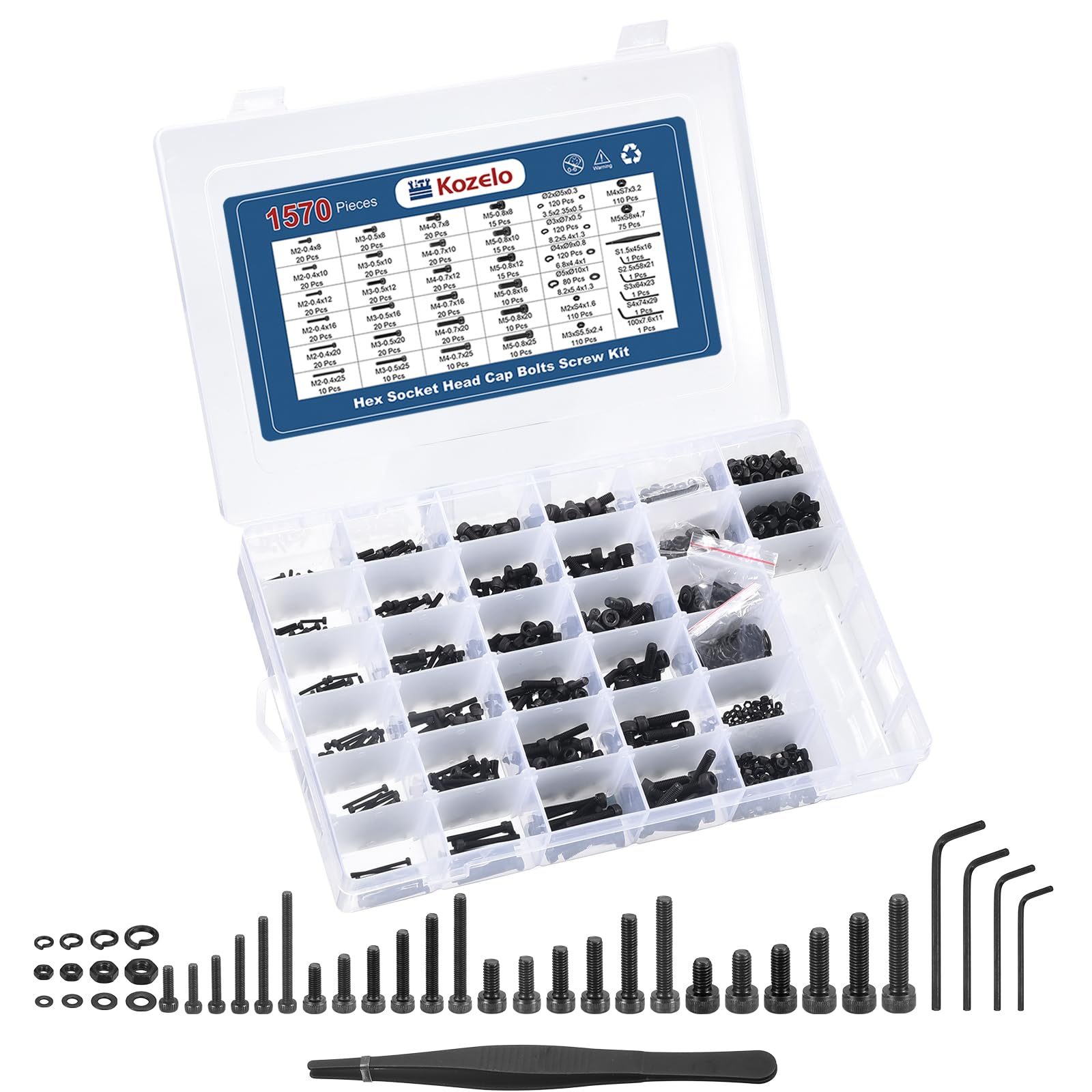 Kozelo 1570pcs Socket Head Cap Screws Bolts Nuts Assortment Kit - [M2/M3/M4/M5] Alloy Steel Black Oxide 12.9 Internal Hex Screw for 3D Printer Use, with Wrench